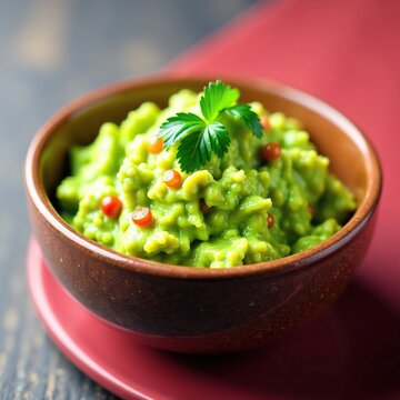 Guacamole en un recipiente con lechuga y aguacate, fresco, textura