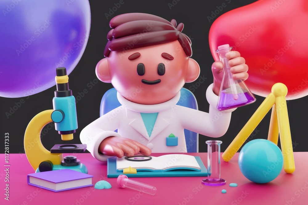 Poster A cartoon scientist conducts an experiment in a colorful lab.