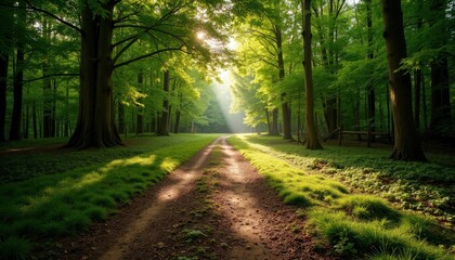 Obraz premium Sunlit forest path with lush greenery and tall trees