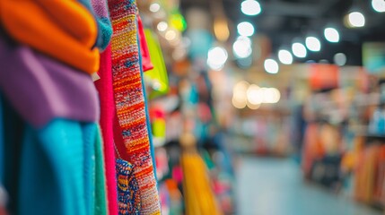 Obraz premium Colorful textiles hanging in a vibrant store showcasing various fabrics.