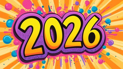 Vibrant Pop Art Background With Bold Colors, Comic Graphics, Bokeh Effect, And The Year 2026