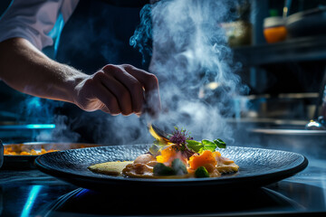 Skilled chef in professional kitchen plating elegant dish with steam rising from food on plate. Generative AI