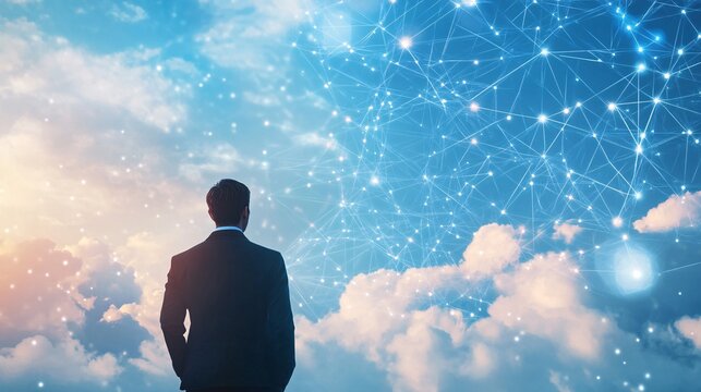 A contemplative businessman gazes at a digital sky, filled with interconnected lines and glowing nodes, symbolizing innovation. - Powered by Adobe