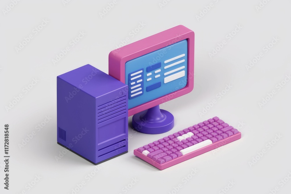 Aufkleber A 3D rendering of a computer with a purple tower  pink monitor and keyboard