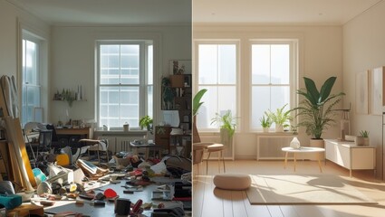 Studio room transformation from cluttered to serene minimalist