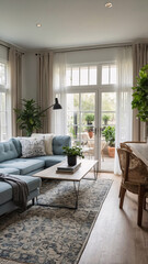 Naklejka premium Cozy and tranquil traditional rural living room with neutral sofa large windows and intricate rug under the furniture