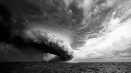 Monochromatic Tornado Touching Down Over the Ocean Beneath Stormy Skies