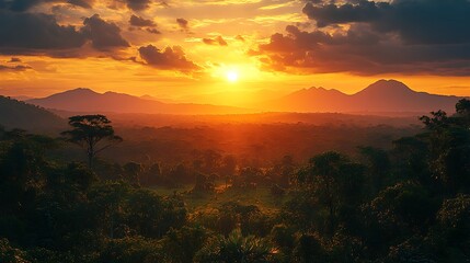 A breathtaking sunset over a lush jungle landscape.