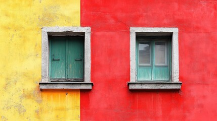 Colorful Architectural Contrast: Yellow and Red Wall with Green Window Shutters