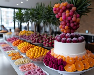 Elegant fruit dessert buffet with cake.