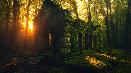 Ancient mystical ruins covered in glowing moss and bathed in the soft light of a magical sunset 