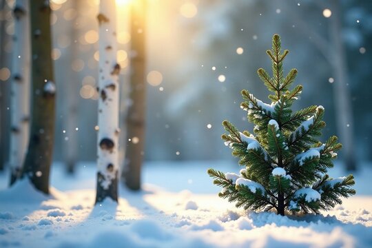 Snowflakes gently fall on a small evergreen tree in sunlight filtering through birch trees, evergreen, frosty
