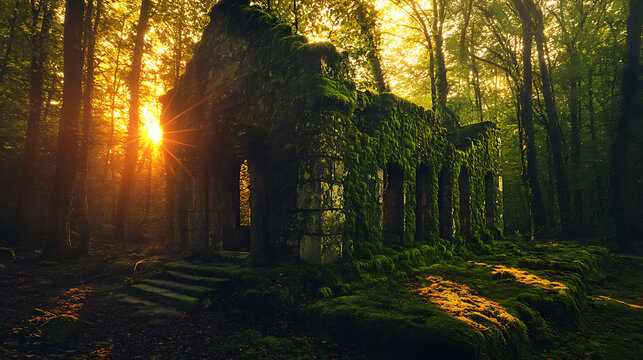 Ancient mystical ruins covered in glowing moss and bathed in the soft light of a magical sunset 