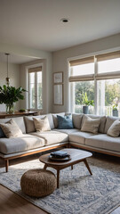 Elegant traditional rural home design featuring neutral color sofa expansive windows and a luxurious rug under the furniture