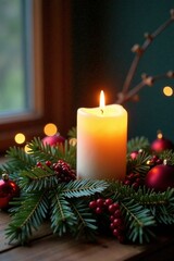 Softly glowing candle amidst winter decorations, peaceful, ornament