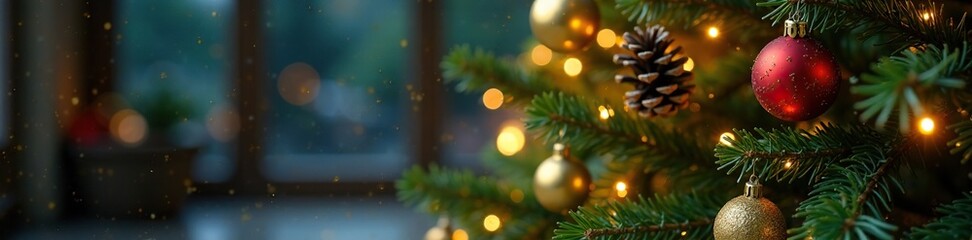 Sparkling Christmas tree with golden ornaments and pinecones, holiday, festive, ornaments