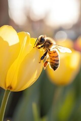 A bee collecting nectar from a yellow tulip in a vibrant garden setting.
