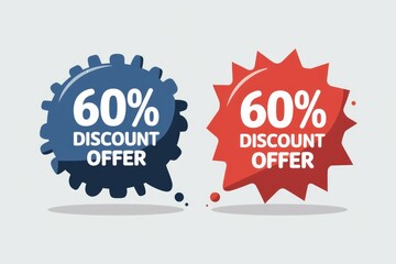 Two discount badges  one blue and one red  both offering 60% off.