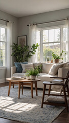 Fototapeta premium Inviting and serene traditional rural home with neutral sofa large windows and intricate rug beneath the furniture