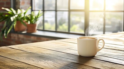 Cozy Morning Vibes: Sunlit Wooden Table with Steaming Cup of Coffee