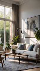 Inviting traditional design in a rural home with neutral color sofa large windows and soft rug beneath the furniture