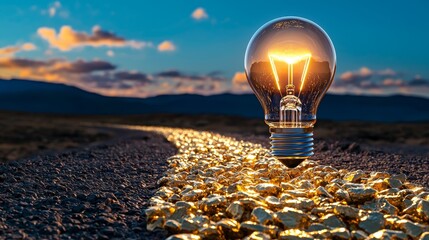 Bright Ideas on the Golden Path: Conceptual Image of Lightbulb Lighting the Way to Wealth and Success on Horizon