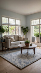Fototapeta premium Inviting traditional living room with neutral color couch expansive windows and modern rug under furniture
