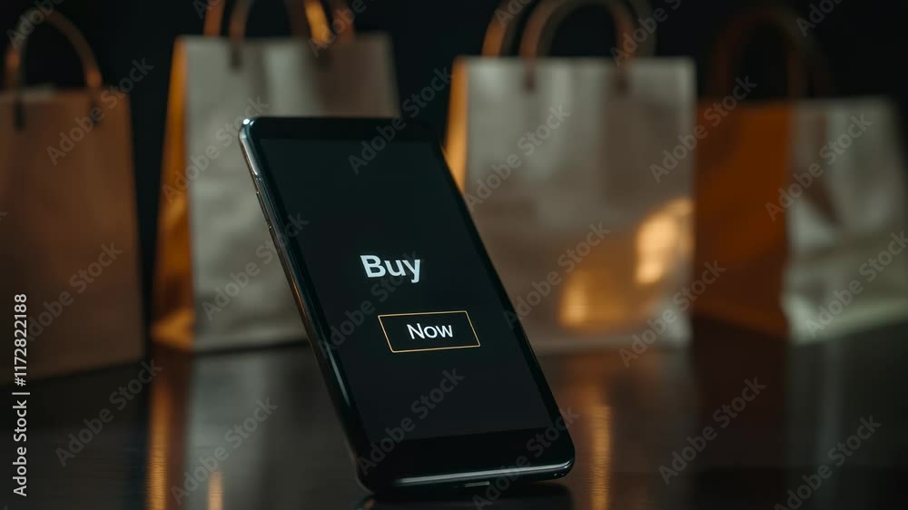 Poster hand touching a buy button on a smartphone screen, surrounded by shopping bags, completing an online