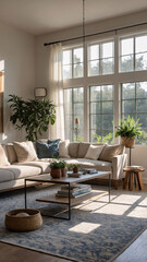 Fototapeta premium Inviting traditional rural home design featuring neutral couch expansive windows and beautiful rug under furniture