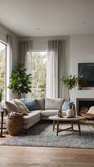 Fototapeta premium Inviting traditional rural home design featuring neutral color couch spacious windows and a cozy rug beneath furniture