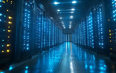 Illuminated server room aisle with racks.