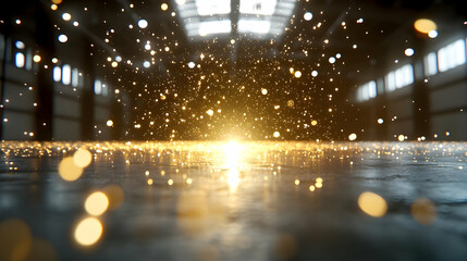 Golden sparks fly across a dark warehouse floor, illuminated by a bright light source; perfect for industrial, manufacturing, or technology backgrounds
