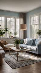 Fototapeta premium Peaceful traditional rural interior design with neutral sofa expansive windows and a vintage rug under furniture