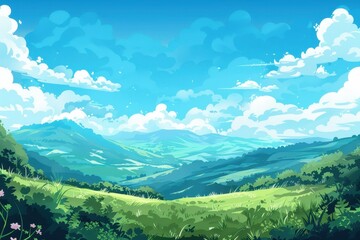 Obraz premium Lush Green Hills Under a Blue Sky with White Puffy Clouds