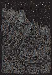 Fairy tale silver winter town landscape. Christmas and New Year greeting card on a black background
