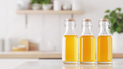 Three glass bottles filled with golden oil are displayed on a kitchen counter, with a soft background featuring herbs and a modern aesthetic.