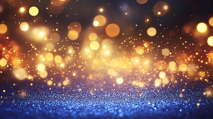 Obraz premium A dazzling display of golden and blue bokeh lights sparkling on a smooth surface, creating a festive atmosphere.