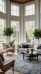 Fototapeta premium Serene and elegant traditional rural home living room with neutral color sofa expansive windows and a cozy rug beneath furniture