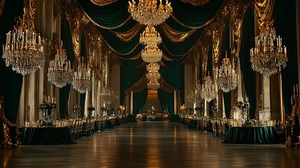 A regal wedding hall with emerald green and gold accents, crystal chandeliers, and velvet drapes.
