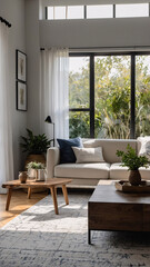 Fototapeta premium Spacious traditional rural home design with neutral color sofa large windows and soft wool rug beneath the furniture