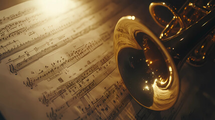 Obraz premium Shiny Brass Trumpet Set Against a Music Sheet