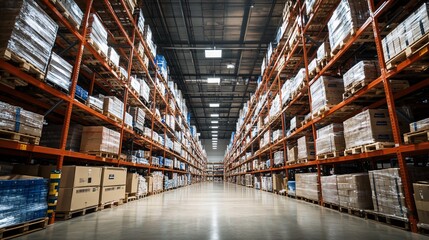 Fototapeta premium A spacious warehouse filled with neatly stacked pallets and crates, showcasing an organized inventory management system.