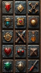 3D RPG inventory icons featuring weapons potions armor and tools on textured wood leather and metal backgrounds
