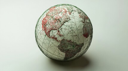 A stylized globe illustrating interconnectedness with red and green nodes on a white background.
