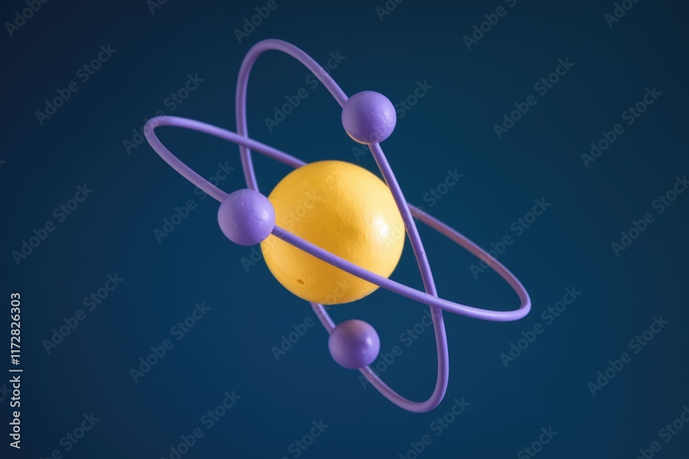 Poster abstract 3d model of an atom with a yellow nucleus and purple orbiting electrons.