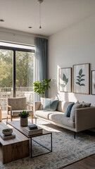 Fototapeta premium Spacious traditional rural interior with neutral sofa large windows and luxurious rug beneath the furniture