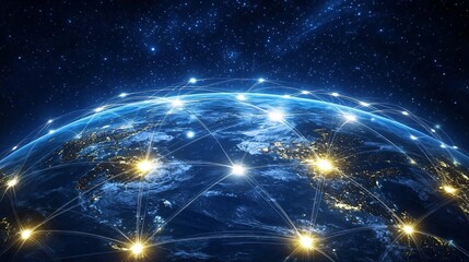 A stunning digital representation of Earth illuminated by networks of light connections, symbolizing global connectivity.