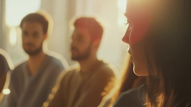 Young woman with long hair is thoughtfully listening to other patients sharing their experiences during a psychotherapy session, creating a supportive and empathetic environment