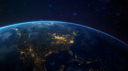 Fototapeta premium A breathtaking view of Earth from space, showcasing the illuminated cities of North America against a backdrop of stars.