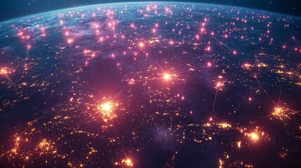 Obraz premium A stunning aerial view of Earth at night, showcasing vibrant city lights connected by glowing network lines.